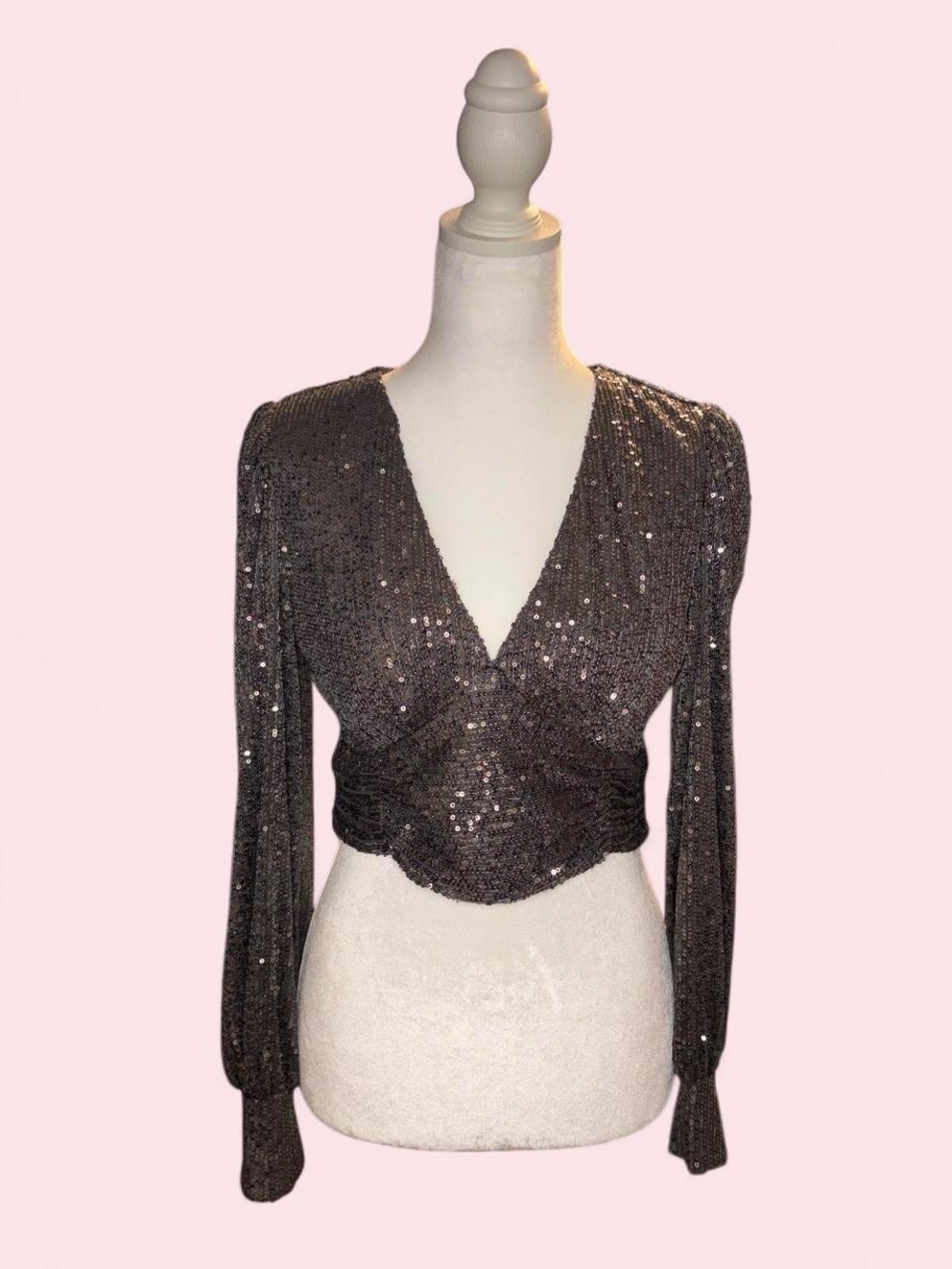 Sequined V-Neck Long Sleeve Crop Top - Metallic Brown